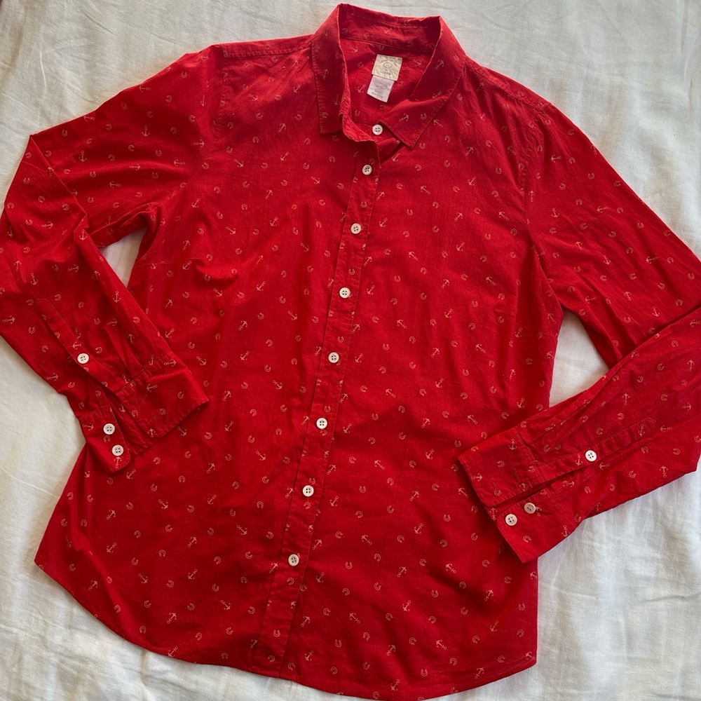 J. Crew "The Perfect Shirt" Red Anchor & Horseshoe Button Down Sz 12 100% Cotton